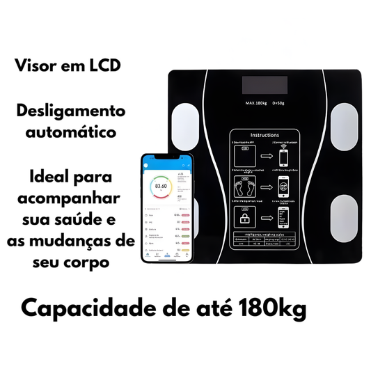 Atacado | Balança Digital Inteligente Bioimpedância Bluetooth até 180kg com App (IMC, Gordura, Massa Muscular)