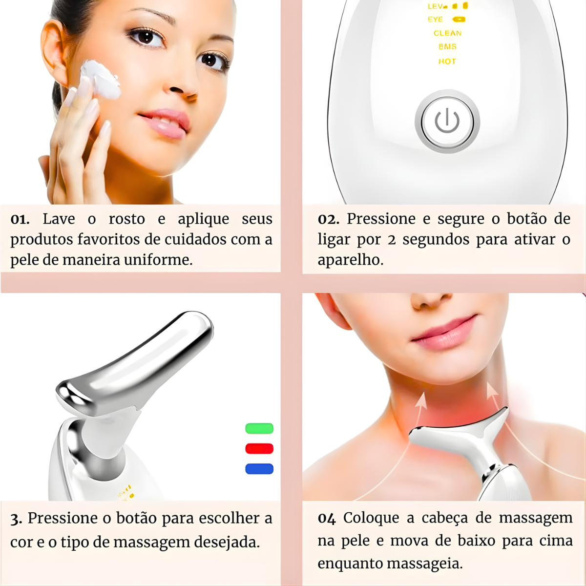 Atacado | Massageador Facial e Cervical com LED Fototerapia EMS Anti-Idade Rejuvenescimento