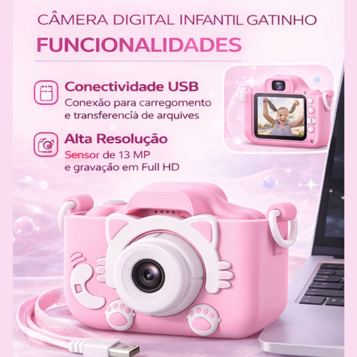 Atacado | Câmera Digital Infantil Gatinho HD 1080p com Capa de Silicone e Jogos