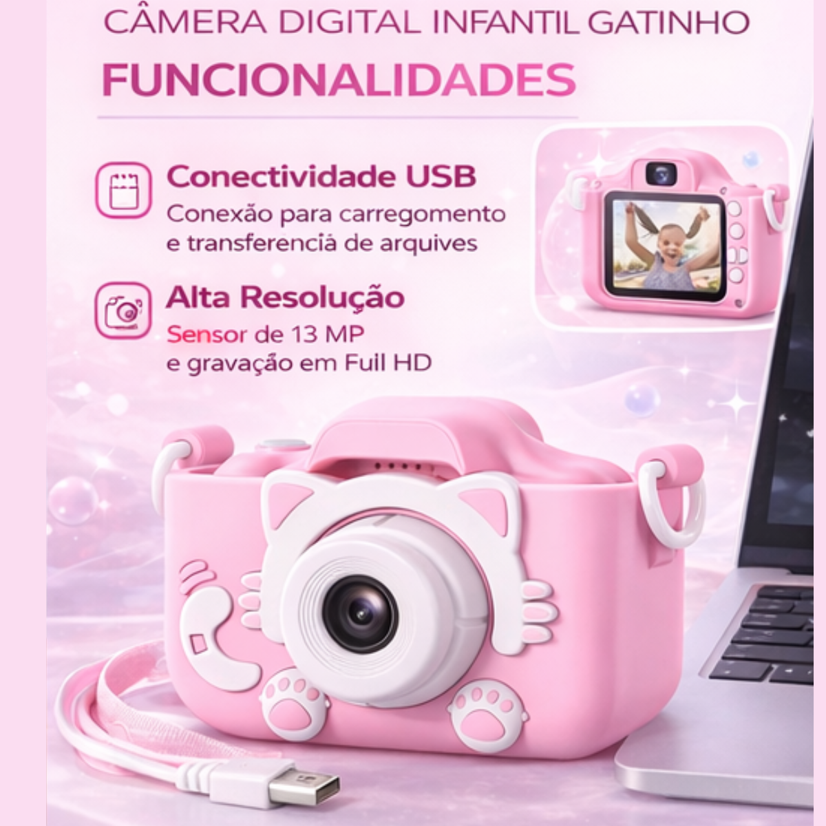 Atacado | Câmera Digital Infantil Gatinho HD 1080p com Capa de Silicone e Jogos