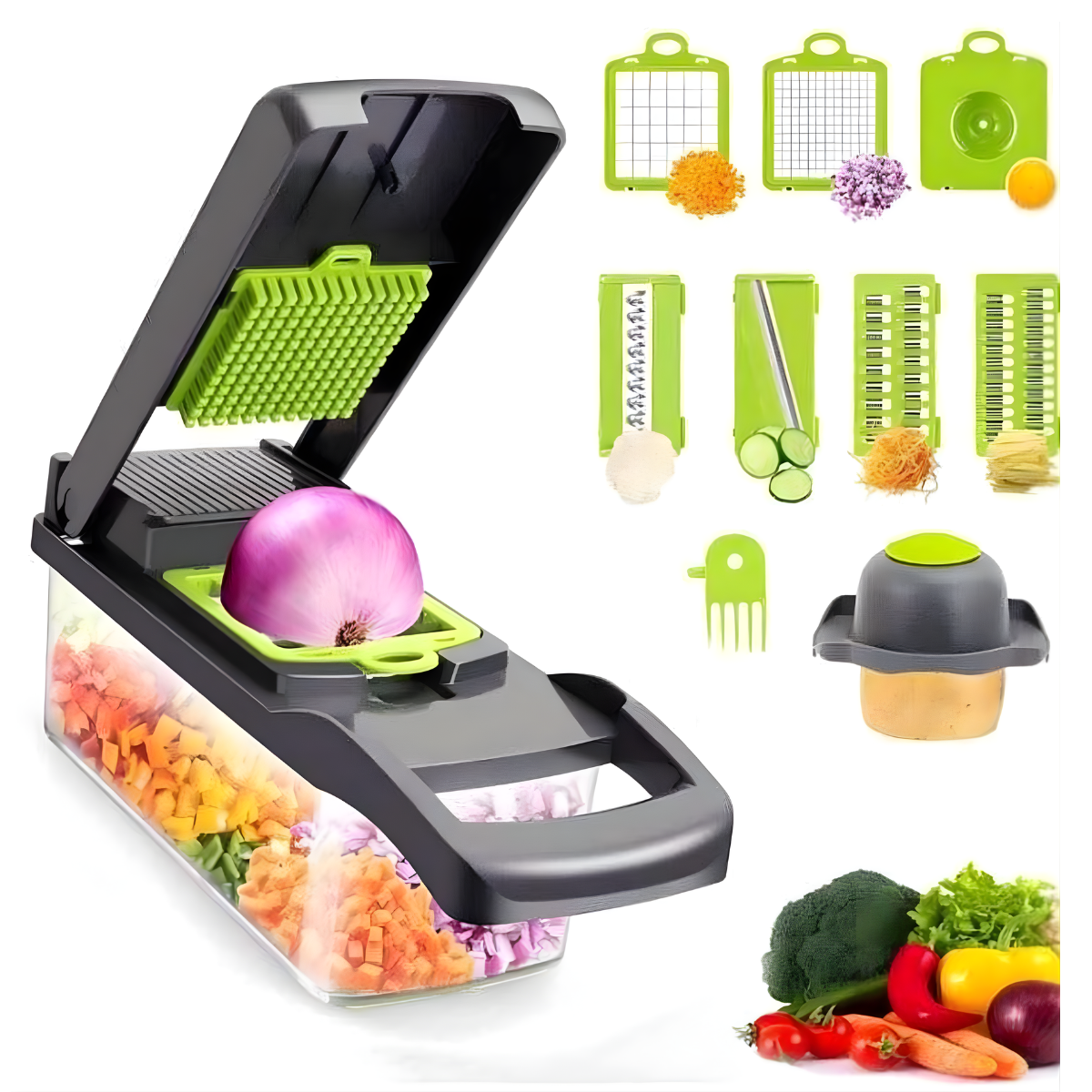 Atacado | Cortador de Legumes Multifuncional 12 em 1 com Lâminas Inox e Recipiente (Ralador e Fatiador)