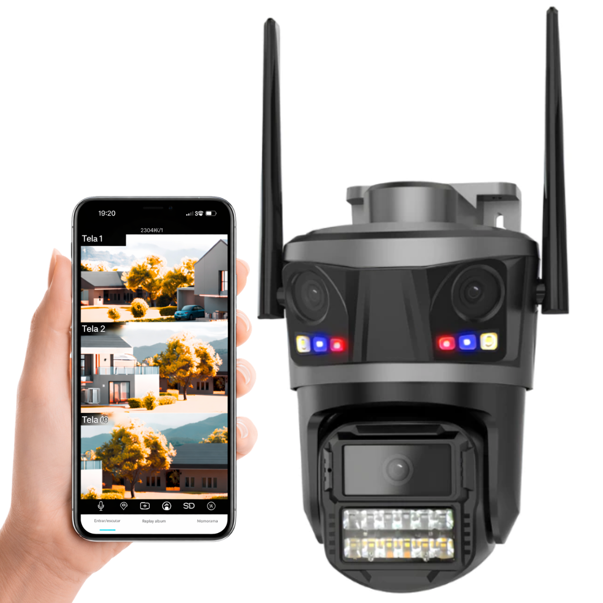 Atacado | Câmera de Segurança WiFi P20-SP3 3 Lentes 9MP Visão Noturna Colorida