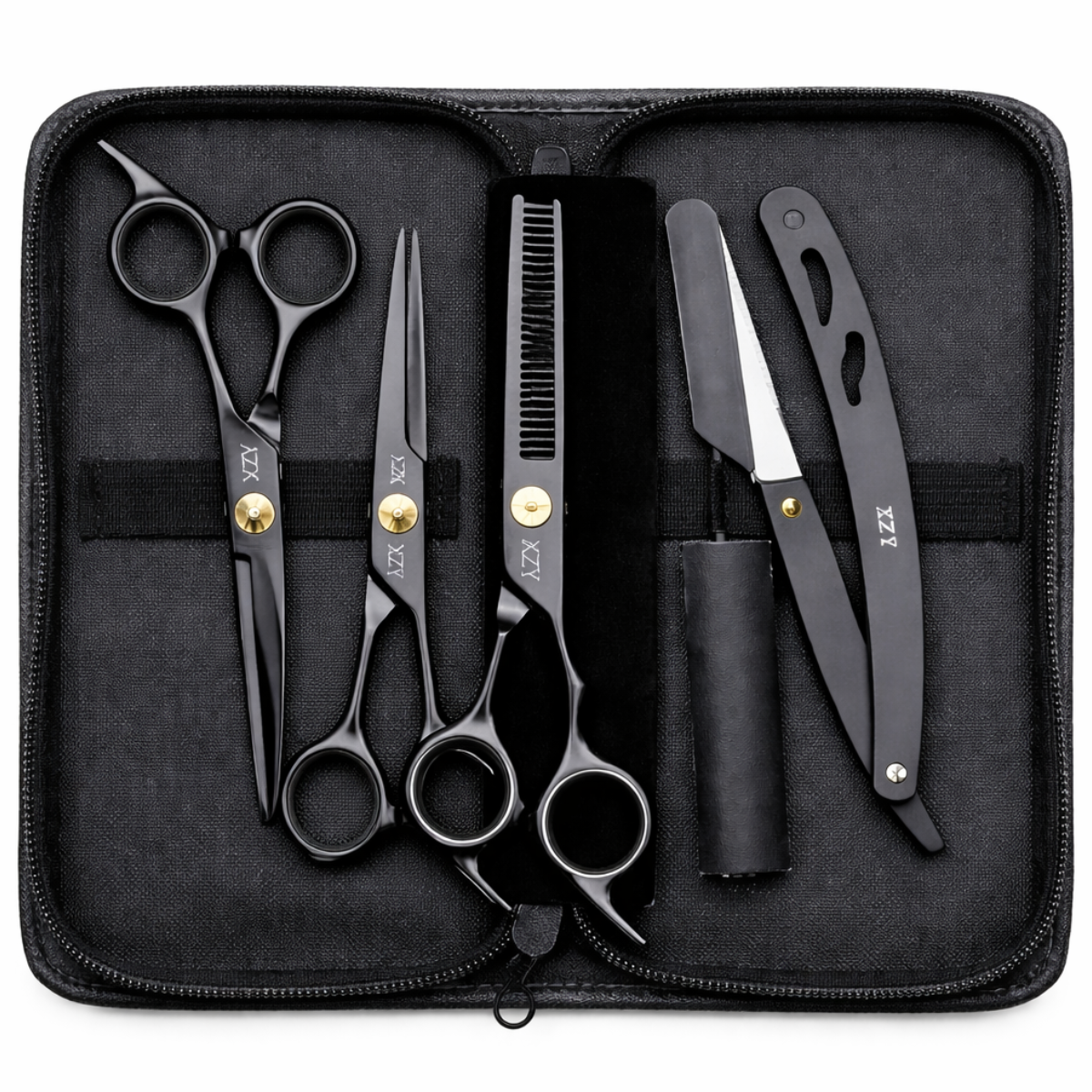 Atacado | Kit Profissional Barbeiro Tesoura Corte Desbaste Navalhete Preto