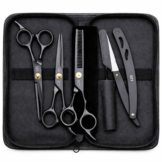 Atacado | Kit Profissional Barbeiro Tesoura Corte Desbaste Navalhete Preto