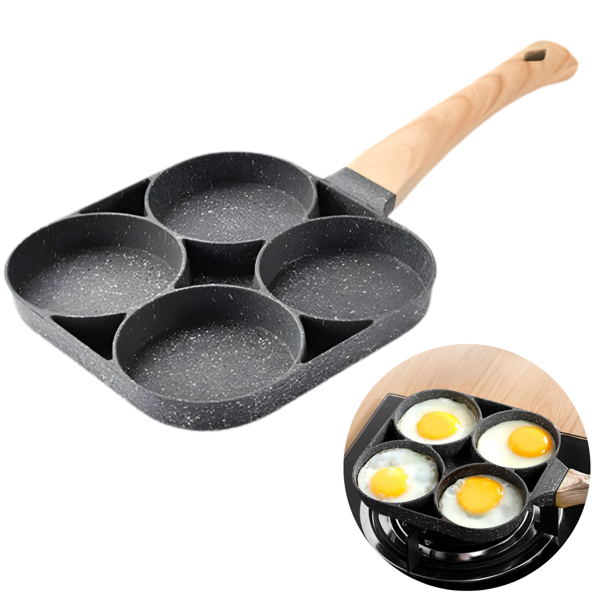 Atacado | Frigideira Antiaderente 4 Furos para Ovo, Panqueca e Hambúrguer com Revestimento Granito