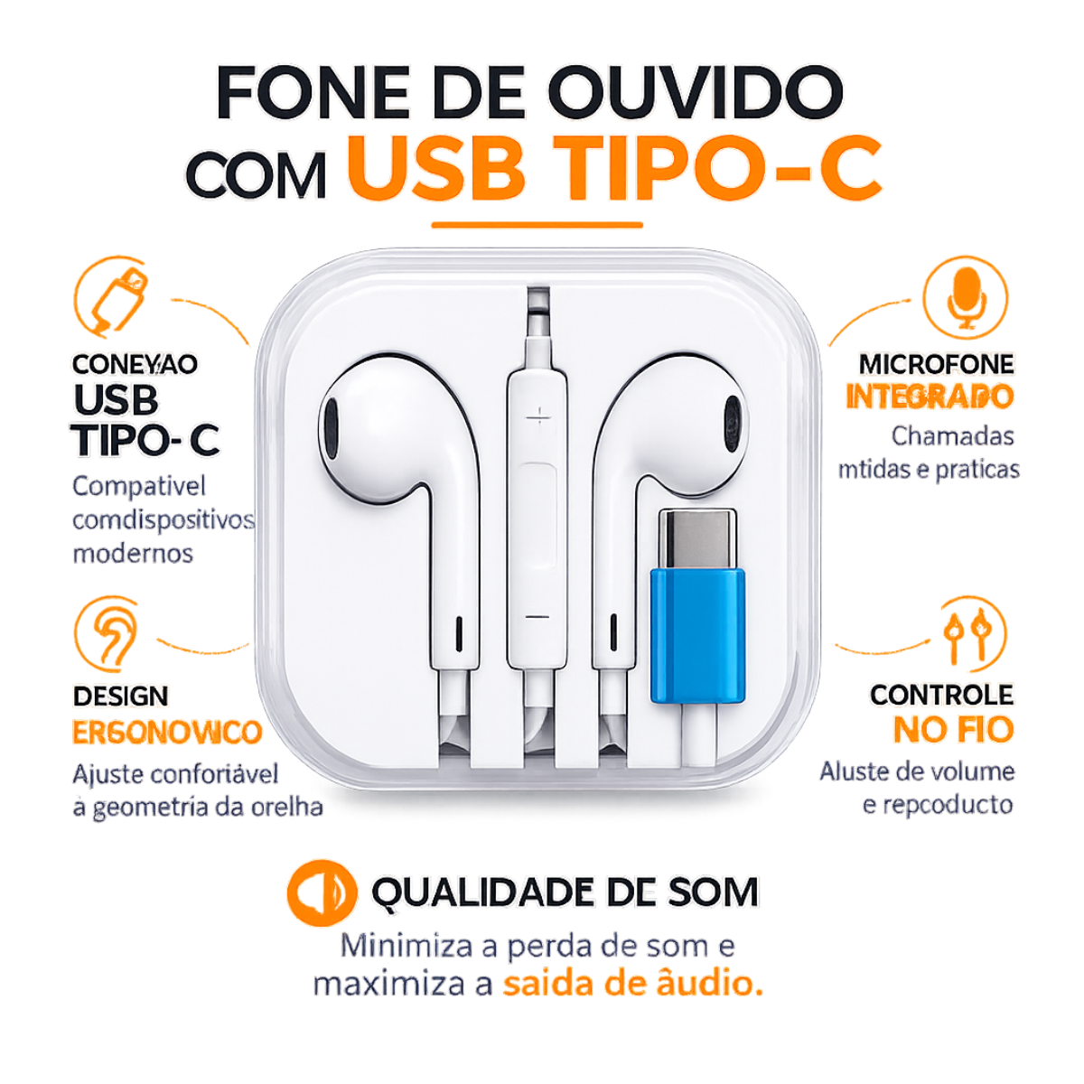 Atacado | Fone de Ouvido com Fio USB-C Tipo C com Microfone e Controle Estéreo