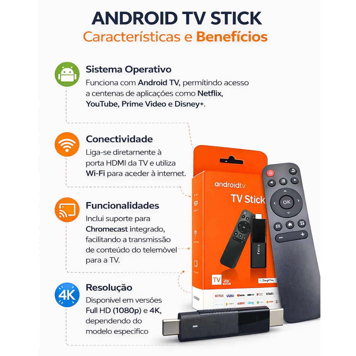 TV Stick Android 4K com Chromecast e Wi-Fi – Transforme sua TV em Smart TV | TV Box Stick HDMI