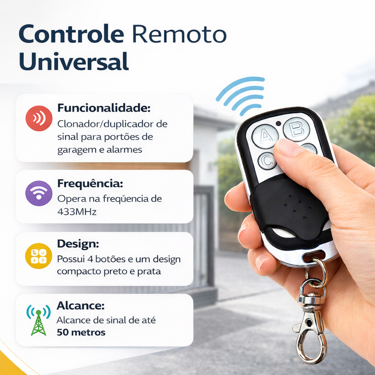 Atacado | Controle Remoto Universal Clonador 433MHz para Portão Eletrônico 4 Canais
