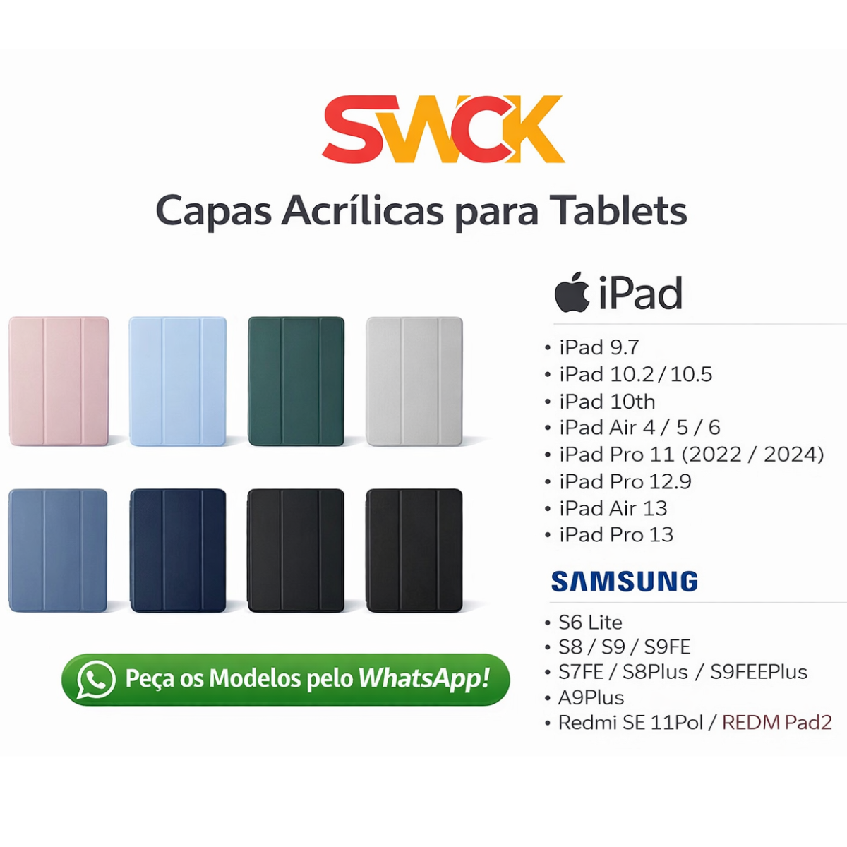 Atacado | Capa Smart de Acrílico para Tablet iPad, Samsung e Xiaomi com Tampa Smart Case (Diversos Modelos)