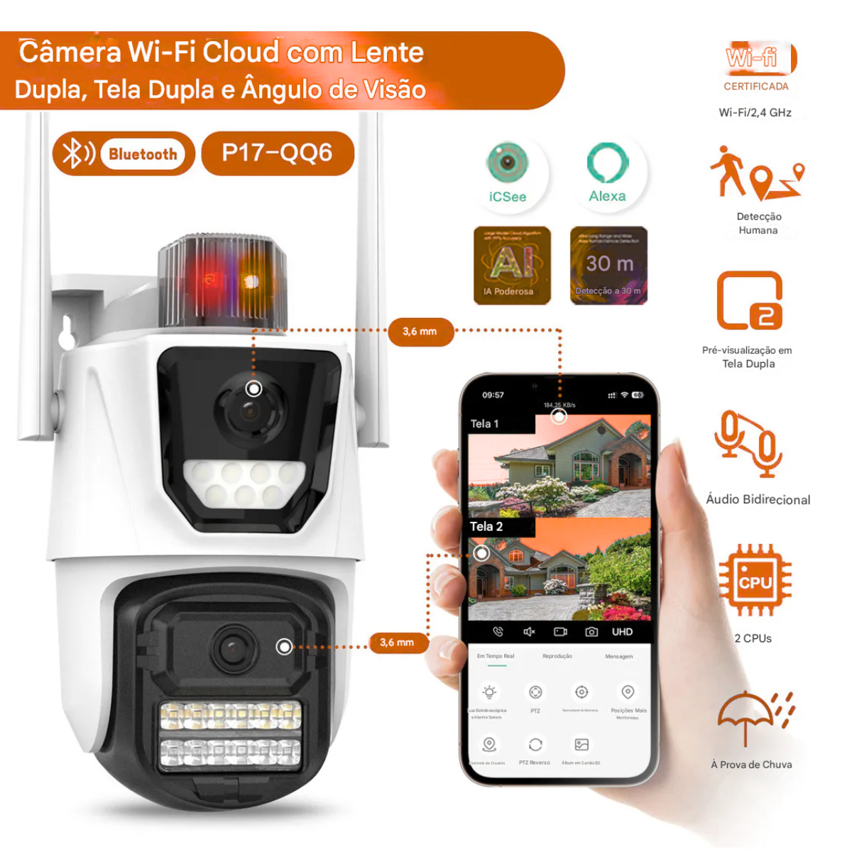 Atacado | Câmera de Segurança WiFi P17-QQ6 Dupla Lente 4K com Visão Noturna e PTZ