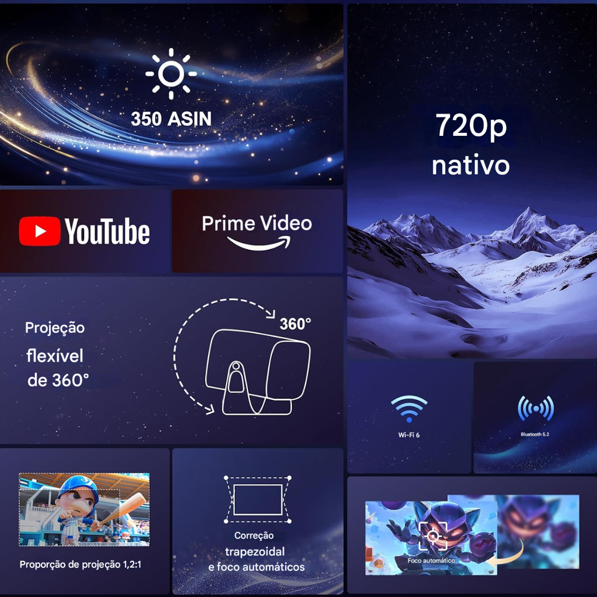 Atacado | Mini Projetor T15 Pro Android 11 WiFi Dual Band 360° HD 4K