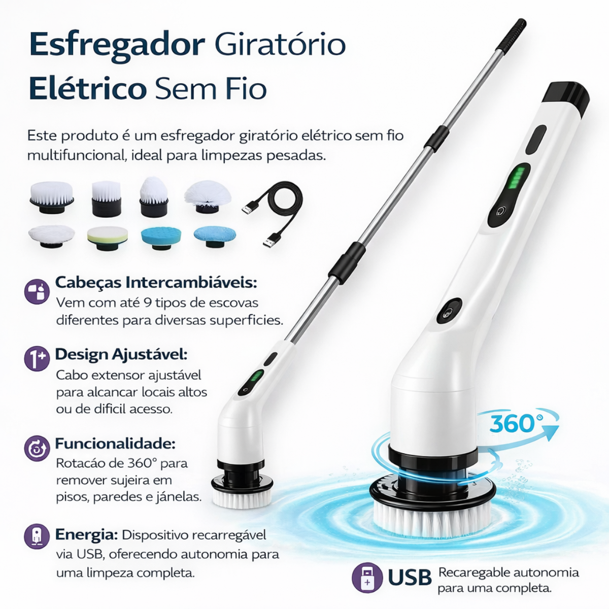 Atacado | Esfregador Elétrico Giratório Portátil 8 em 1 com Cabo Extensor e USB-C
