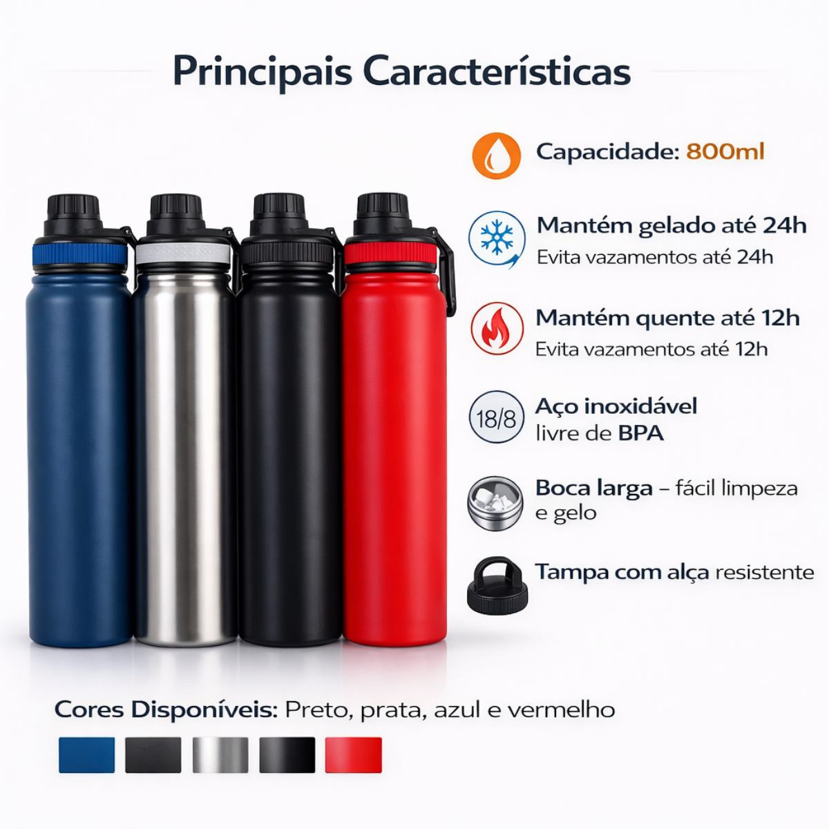 Atacado | Garrafa Térmica Inox 800ml Vacuum Bottle Frio 24h e Quente 8h