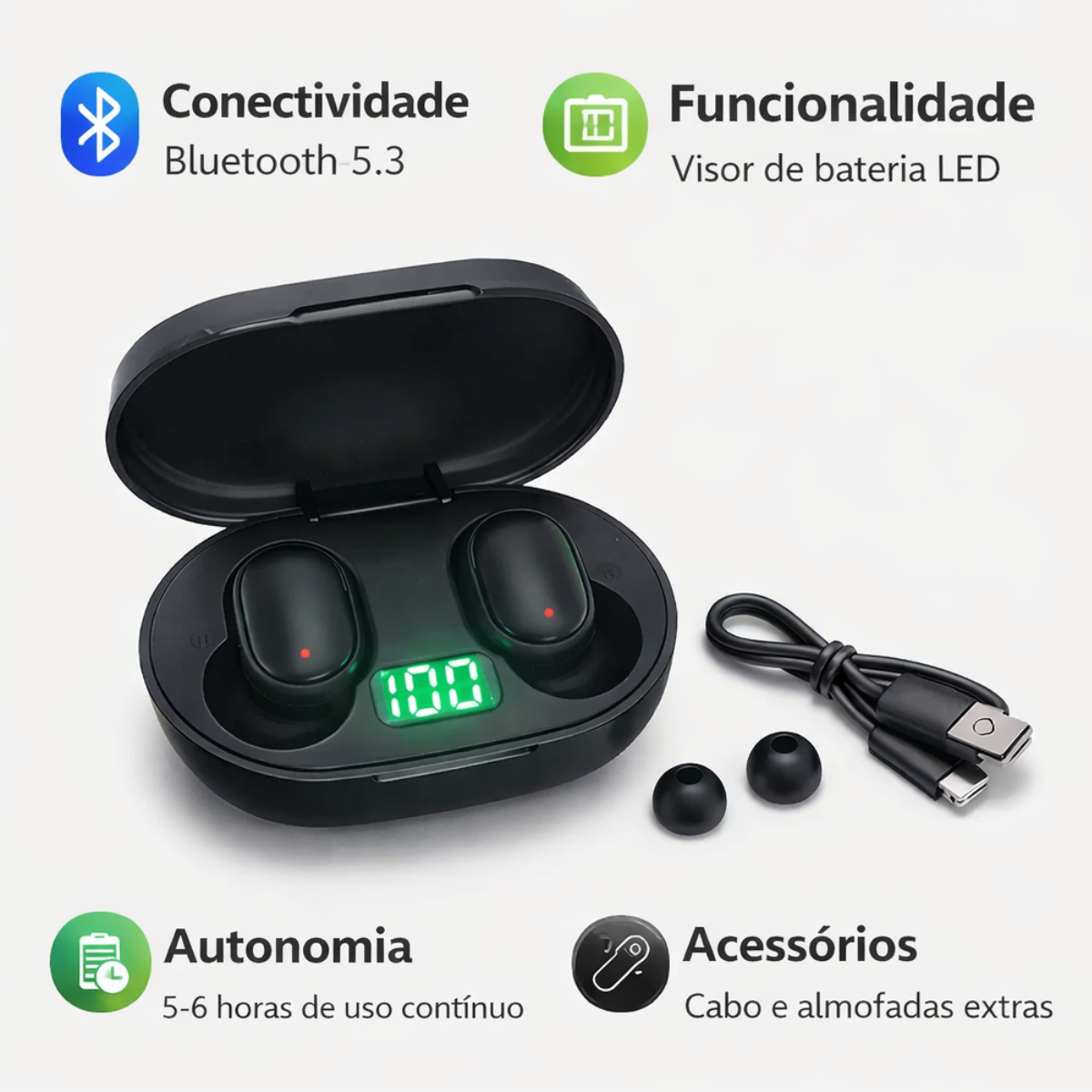 Atacado | Fone Bluetooth RS26 E6S TWS com Display LED Compacto e Microfone