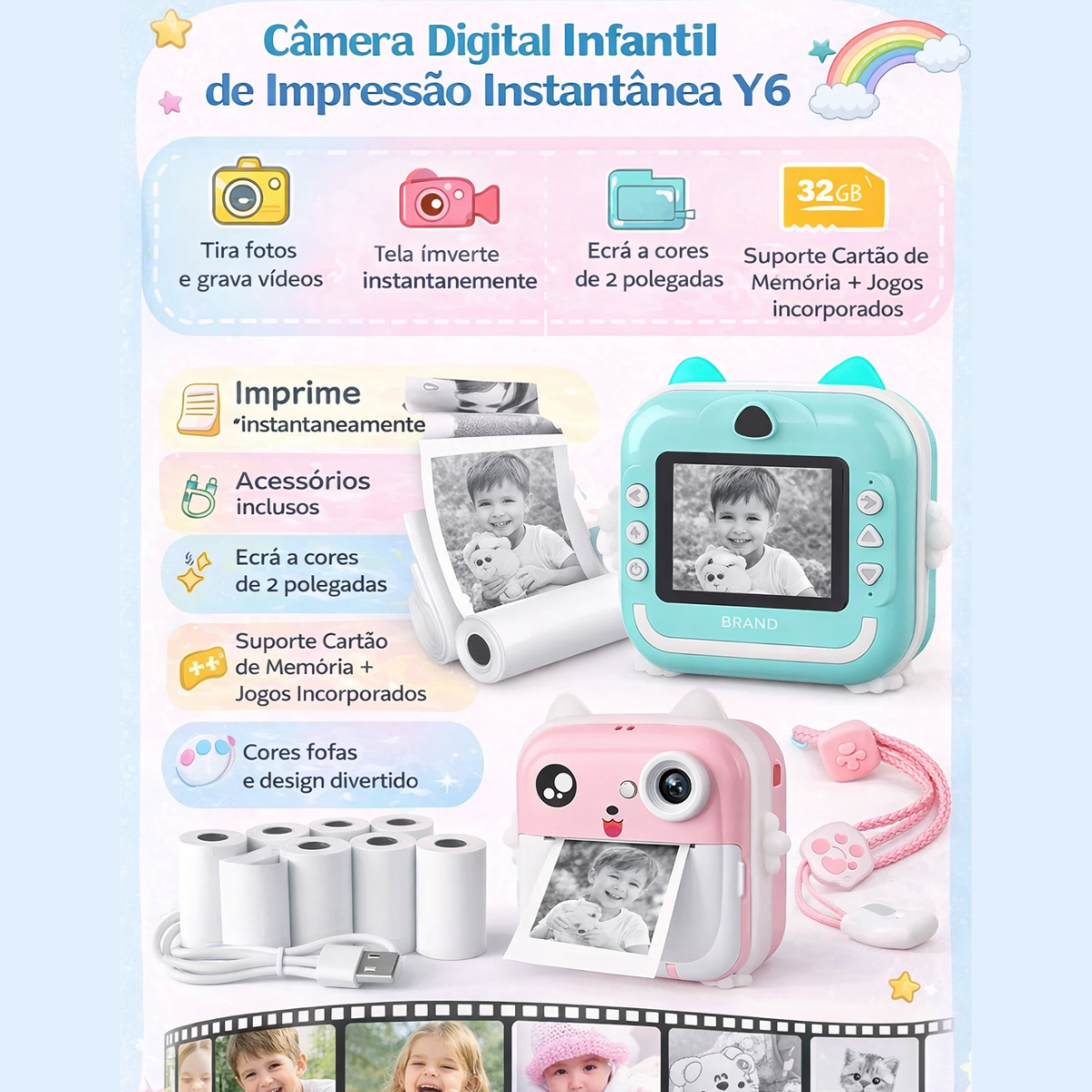 Atacado | Câmera Infantil Instantânea Y6 com Impressão Térmica Foto e Vídeo