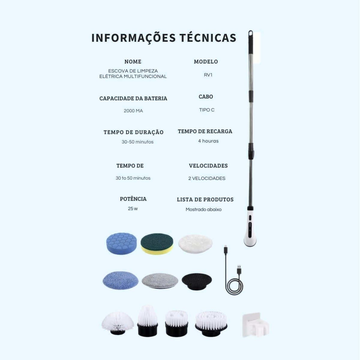 Atacado | Esfregador Elétrico Giratório Portátil 8 em 1 com Cabo Extensor e USB-C
