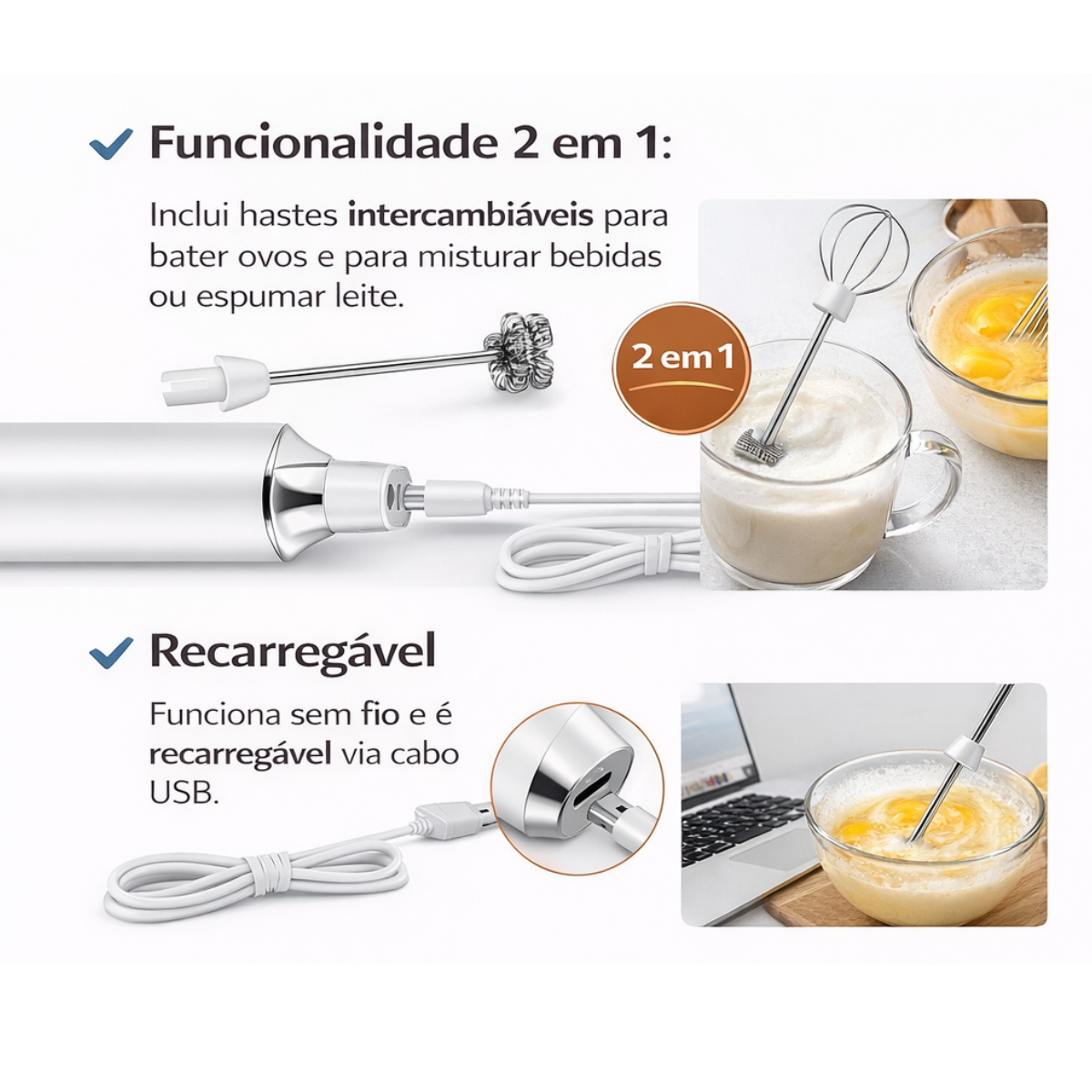 Atacado | Mini Mixer Elétrico Portátil 2 em 1 Recarregável USB 3 Velocidades