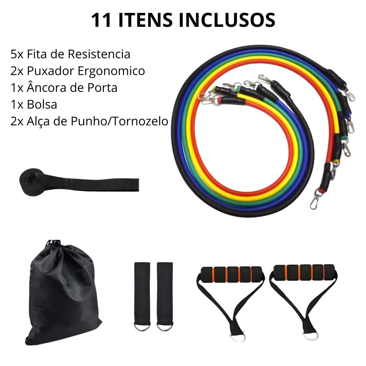 Atacado | Kit Extensores Elásticos Tubulares 11 Peças com Alças, Tornozeleiras e Âncora de Porta