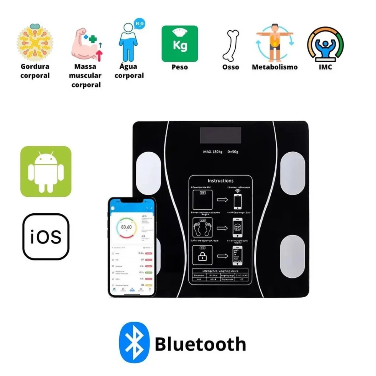 Atacado | Balança Digital Inteligente Bioimpedância Bluetooth até 180kg com App (IMC, Gordura, Massa Muscular)