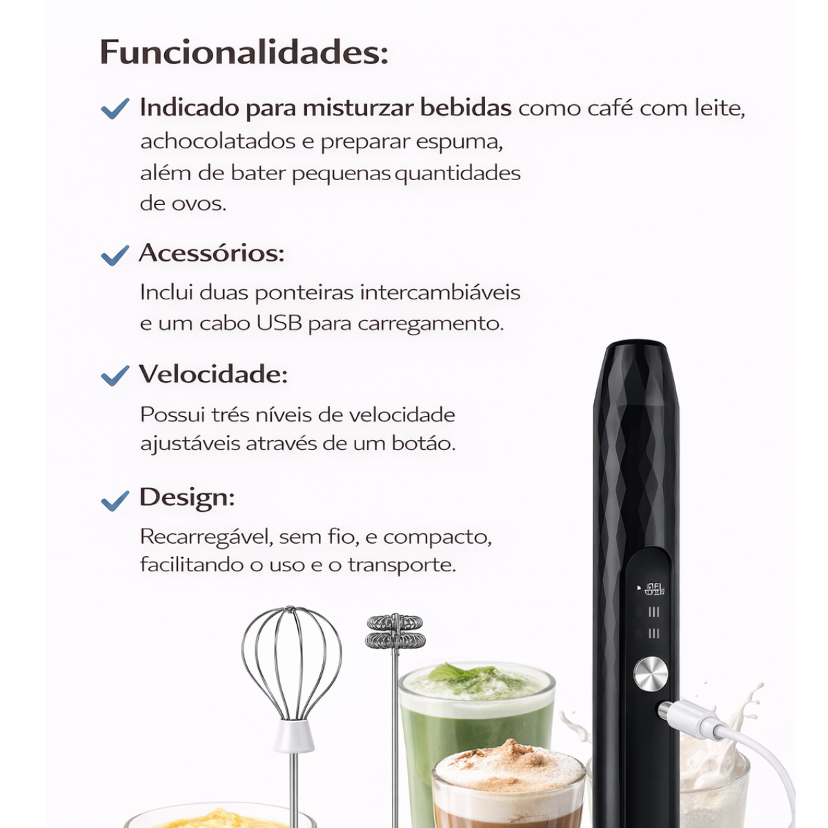 Atacado | Mixer Elétrico Portátil DDQ-10 2 em 1 Espumador e Batedor USB
