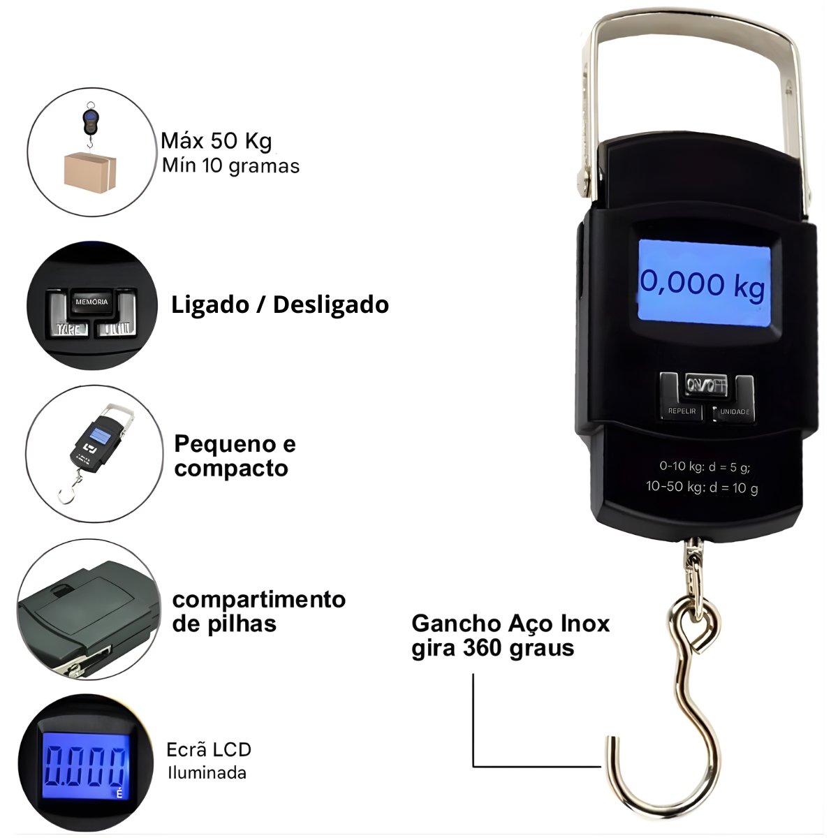 Atacado | Balança Digital de Mão Portátil até 50kg com Gancho e Display LCD