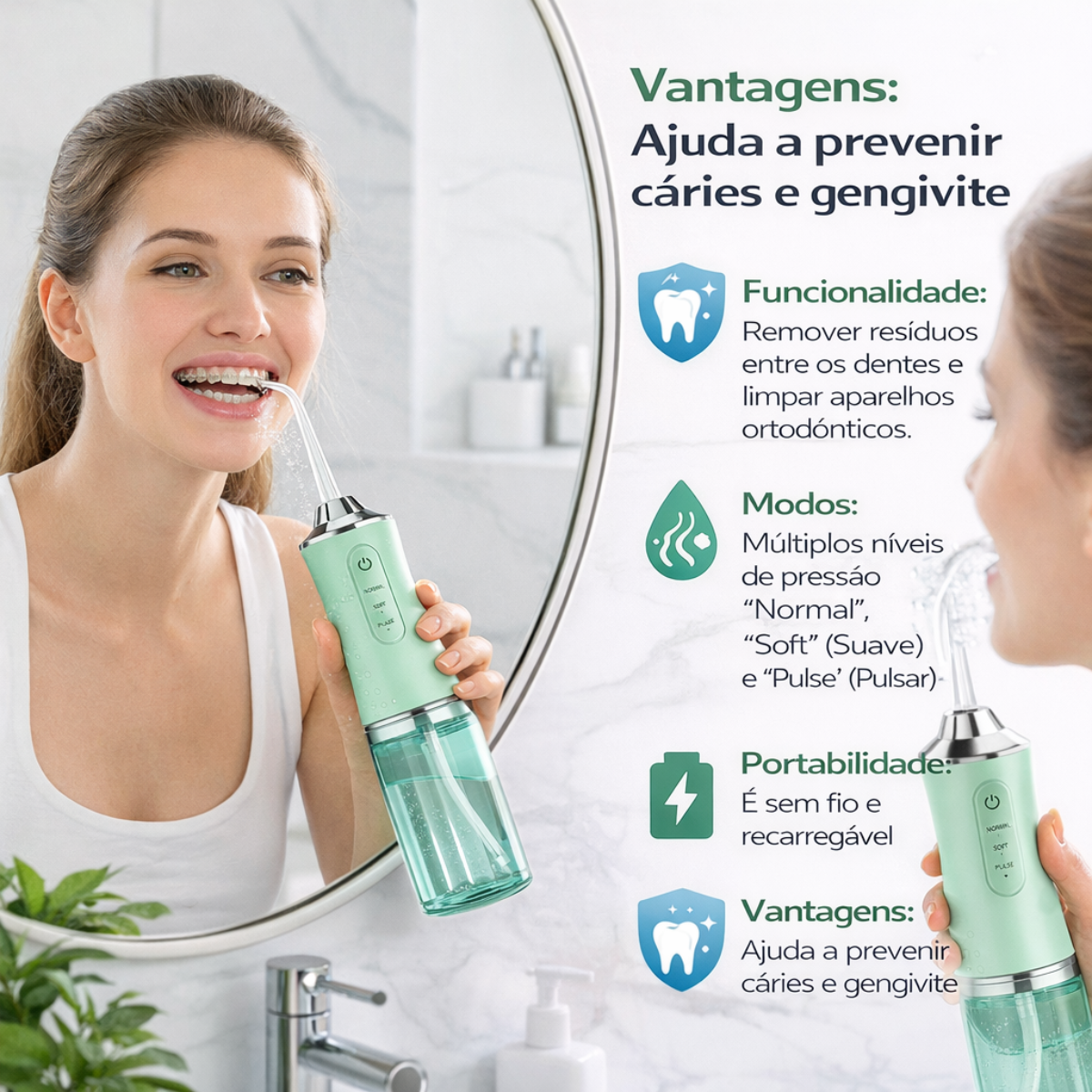 Atacado | Irrigador Oral Portátil Recarregável com Jato de Água para Higiene Bucal