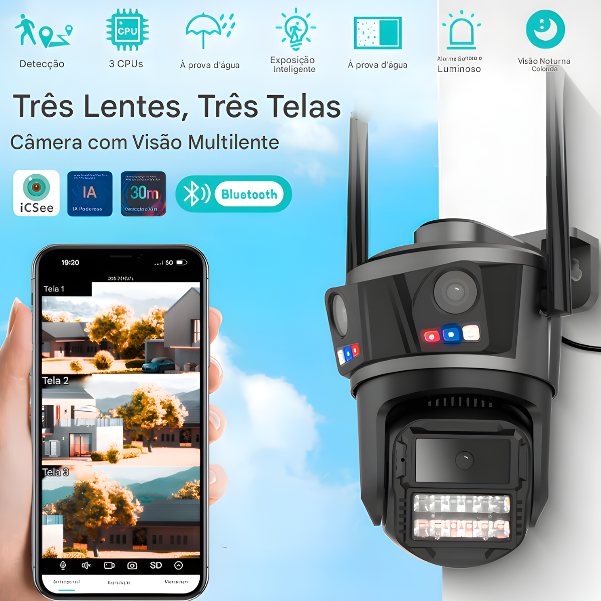 Atacado | Câmera de Segurança WiFi P20-SP3 3 Lentes 9MP Visão Noturna Colorida