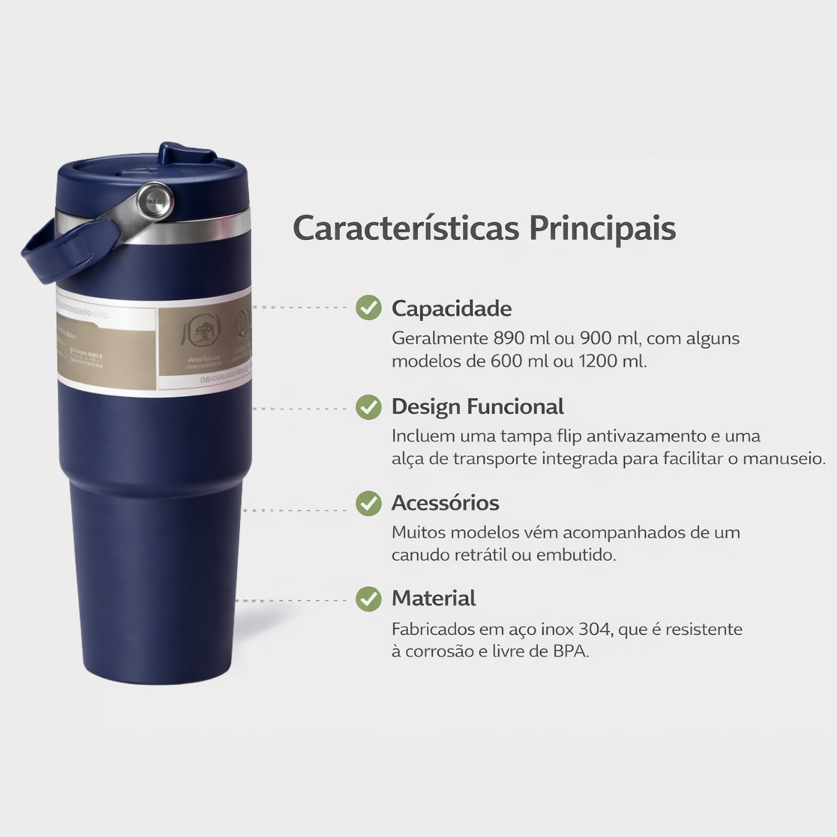 Atacado | Garrafa Térmica Inox 900ml com Canudo Flip Straw e Alça (Tipo Stanley)