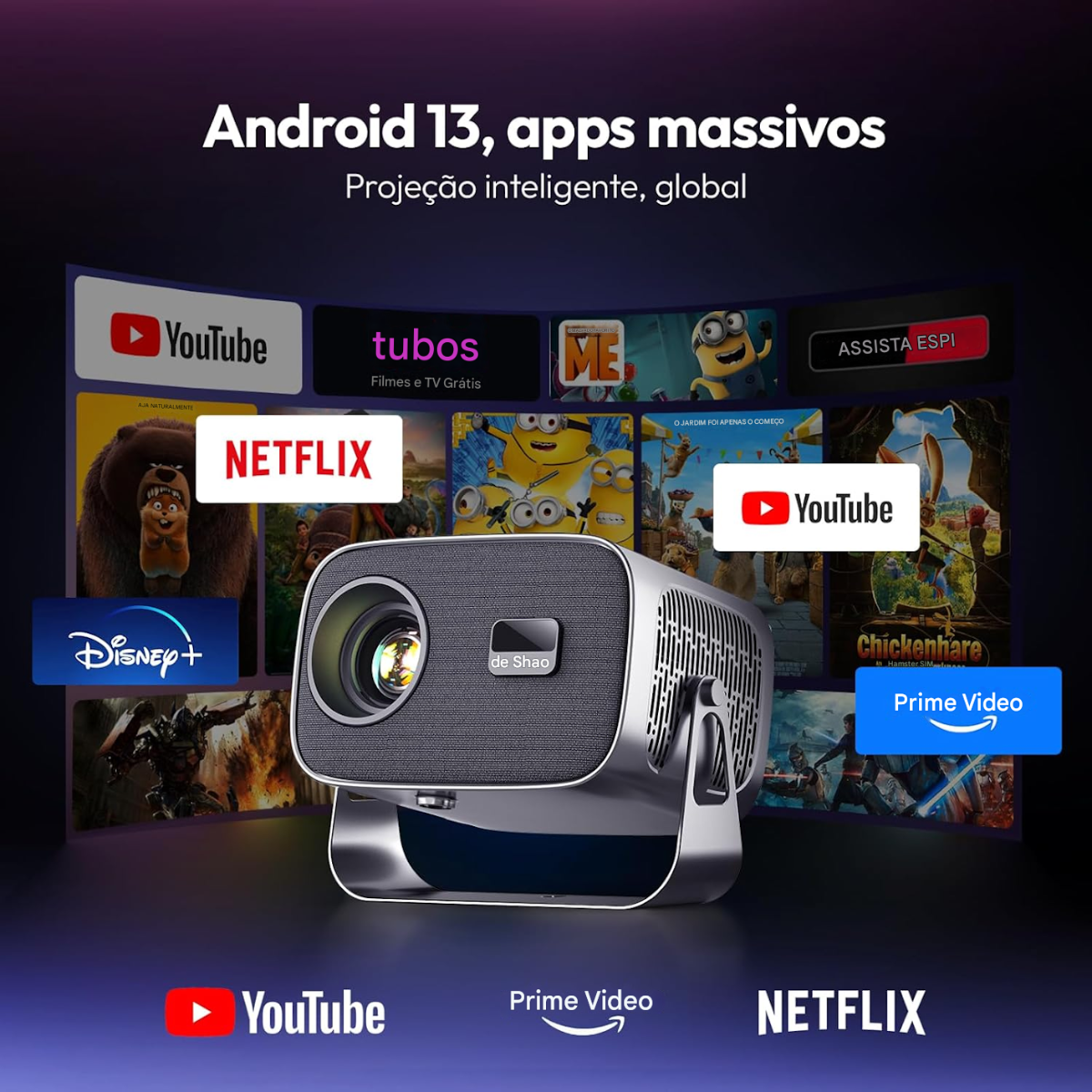 Atacado | Mini Projetor T15 Pro Android 11 WiFi Dual Band 360° HD 4K