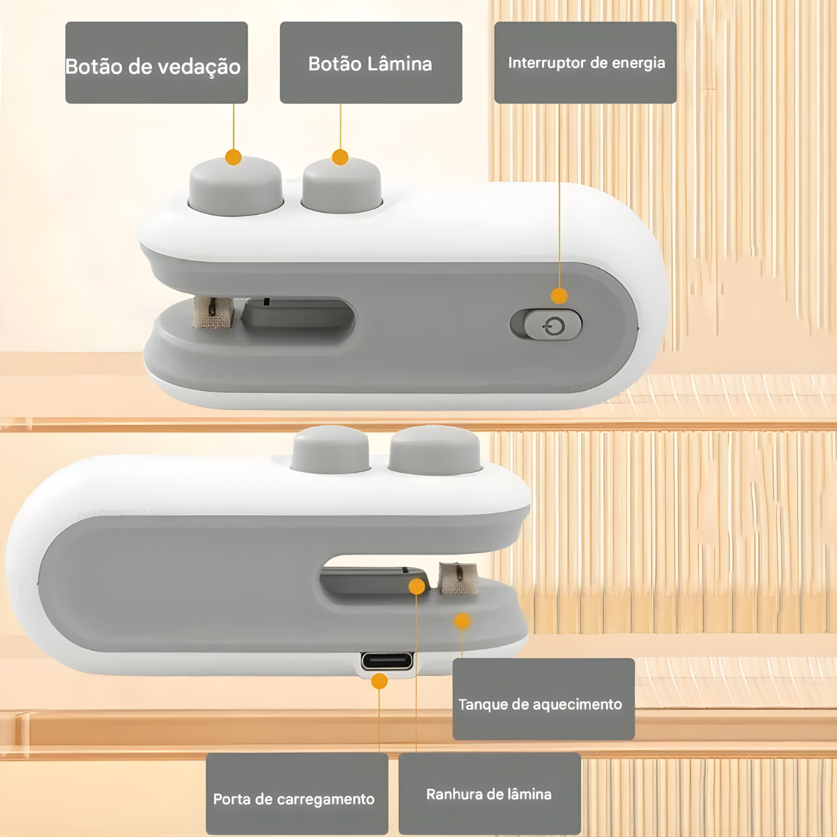 Atacado | Selador de Embalagens Portátil 2 em 1 com Cortador e USB (Fecha Sacos Plásticos)