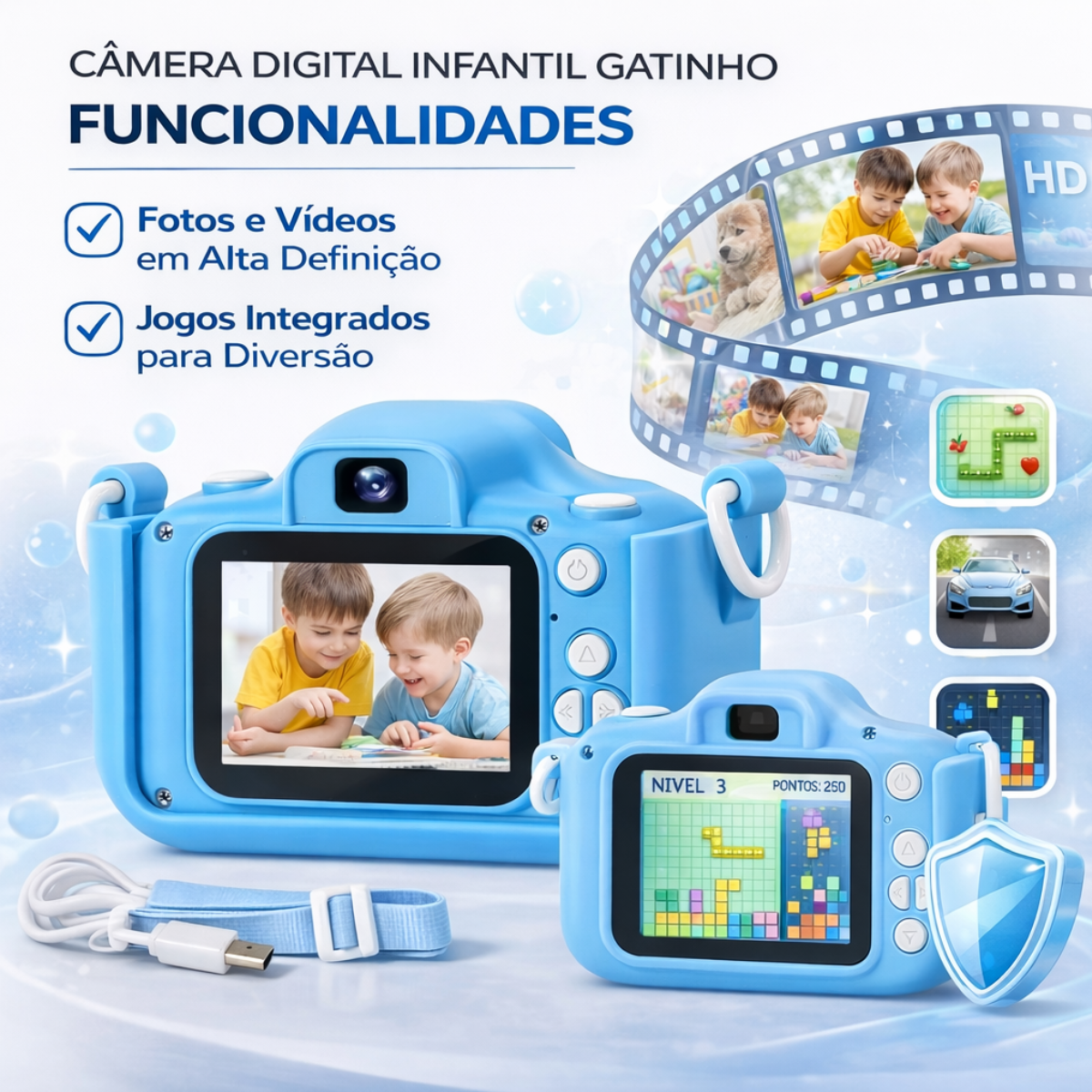 Atacado | Câmera Digital Infantil Gatinho HD 1080p com Capa de Silicone e Jogos