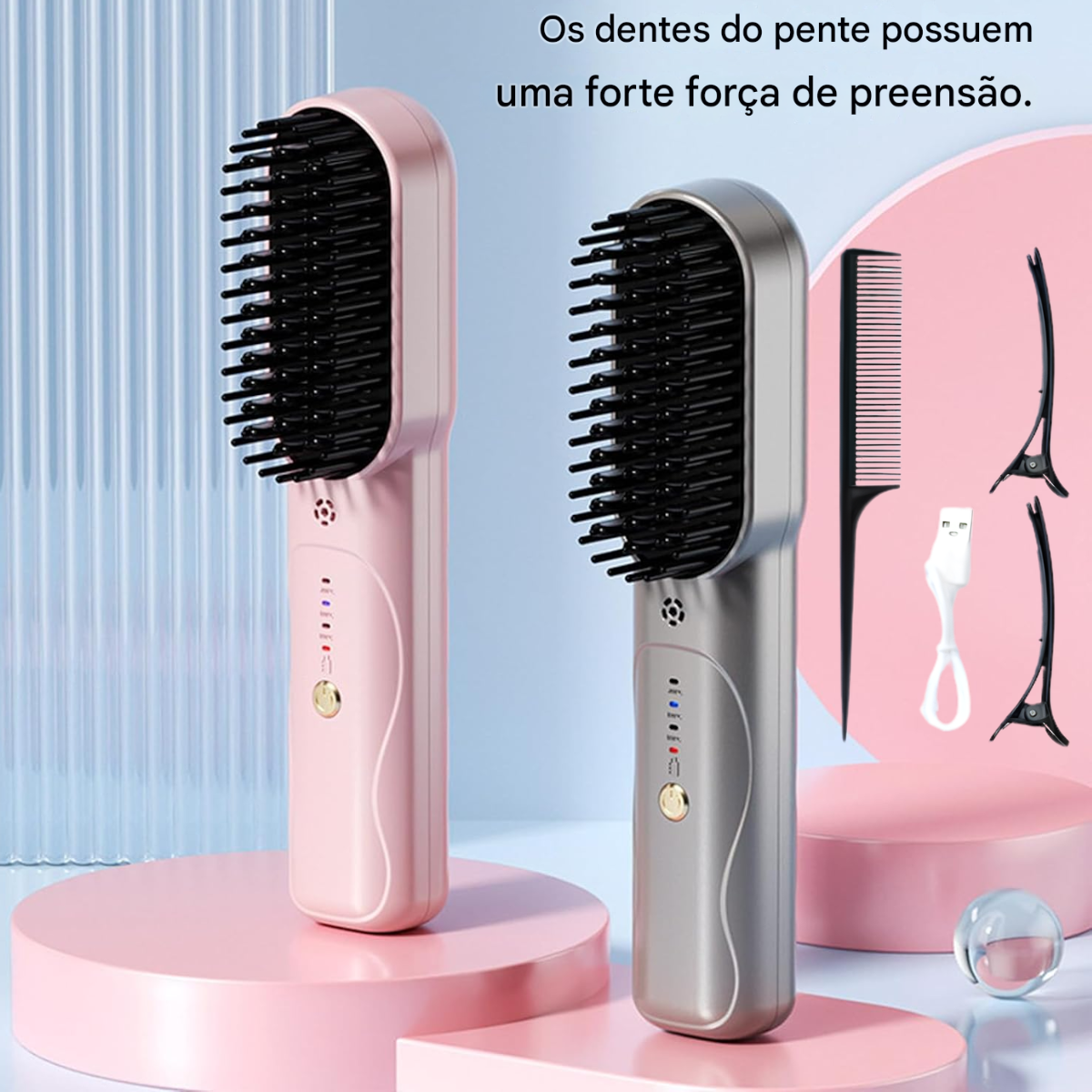 Atacado | Escova Alisadora Portátil Sem Fio - Recarregável Anti Frizz com Controle de Temperatura