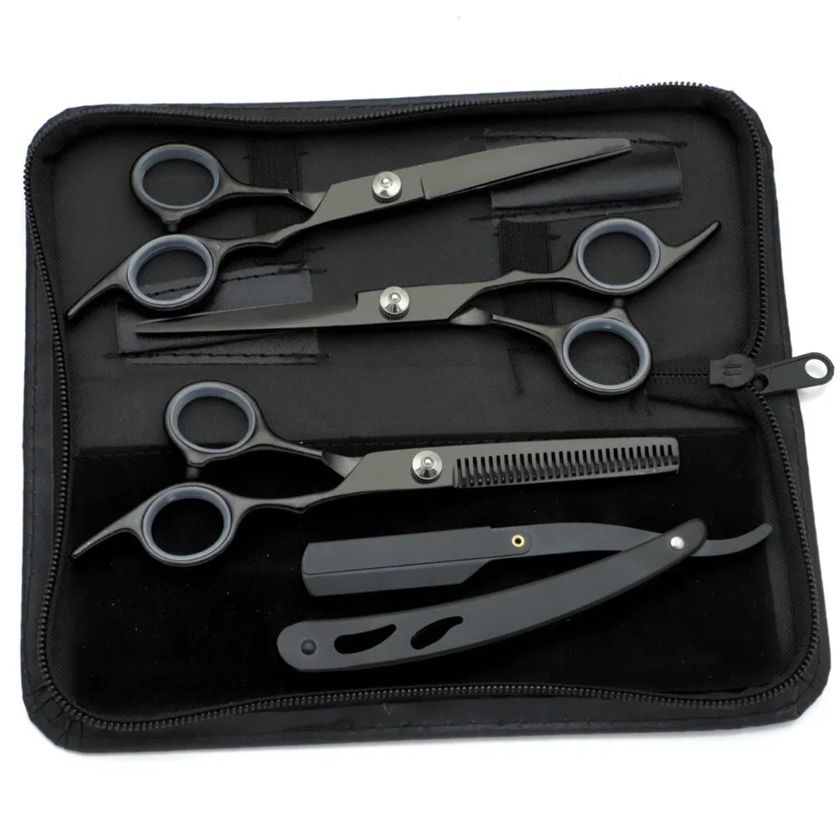Atacado | Kit Profissional Barbeiro Tesoura Corte Desbaste Navalhete Preto