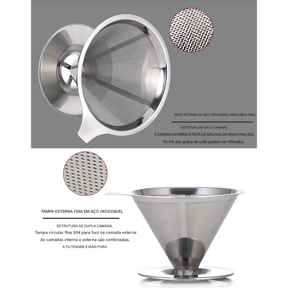 Atacado | Filtro de Café Inox Reutilizável Malha Dupla Aço Inoxidável 304