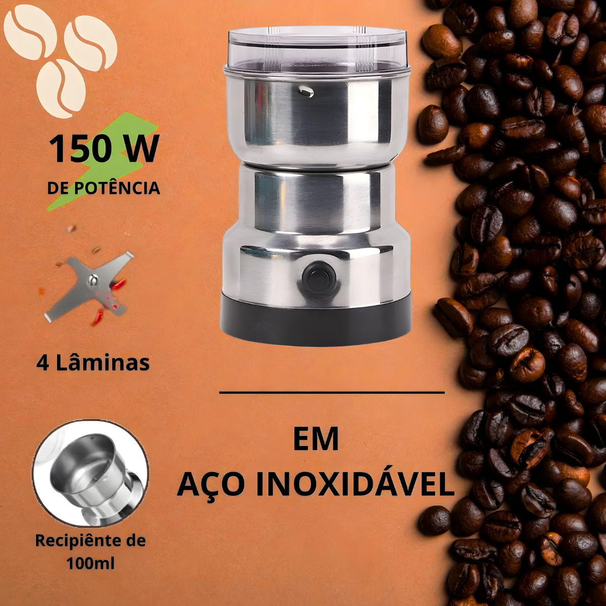 Atacado | Moedor de Café Elétrico Inox Multiuso Grãos e Temperos