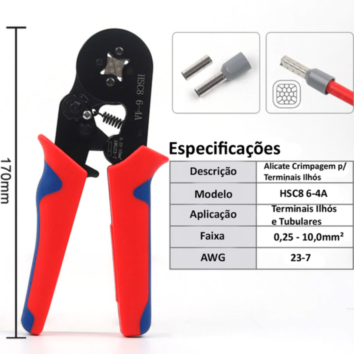 Atacado | Alicate Crimpador de Terminais Ilhós HSC8 6-4 para Cabos 0,25 a 10mm²