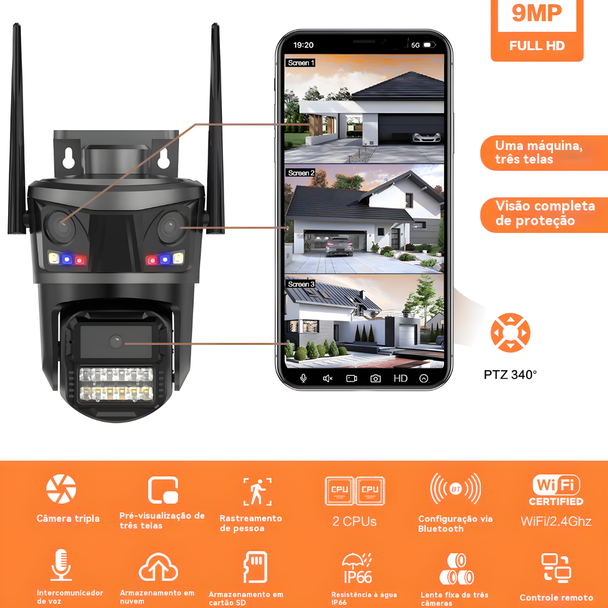 Atacado | Câmera de Segurança WiFi P20-SP3 3 Lentes 9MP Visão Noturna Colorida