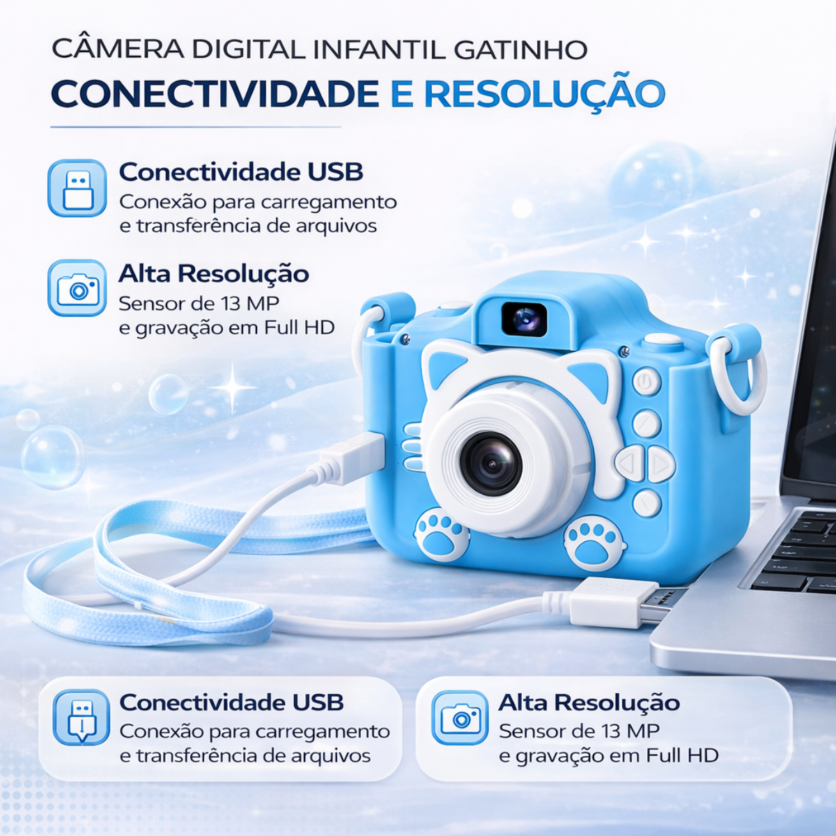 Atacado | Câmera Digital Infantil Gatinho HD 1080p com Capa de Silicone e Jogos