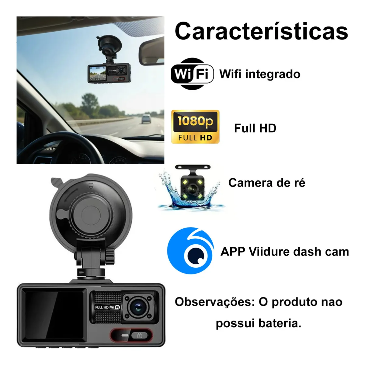 Atacado | Câmera Veicular 3 Canais Full HD 1080p com Wi-Fi e Visão Noturna para Carro