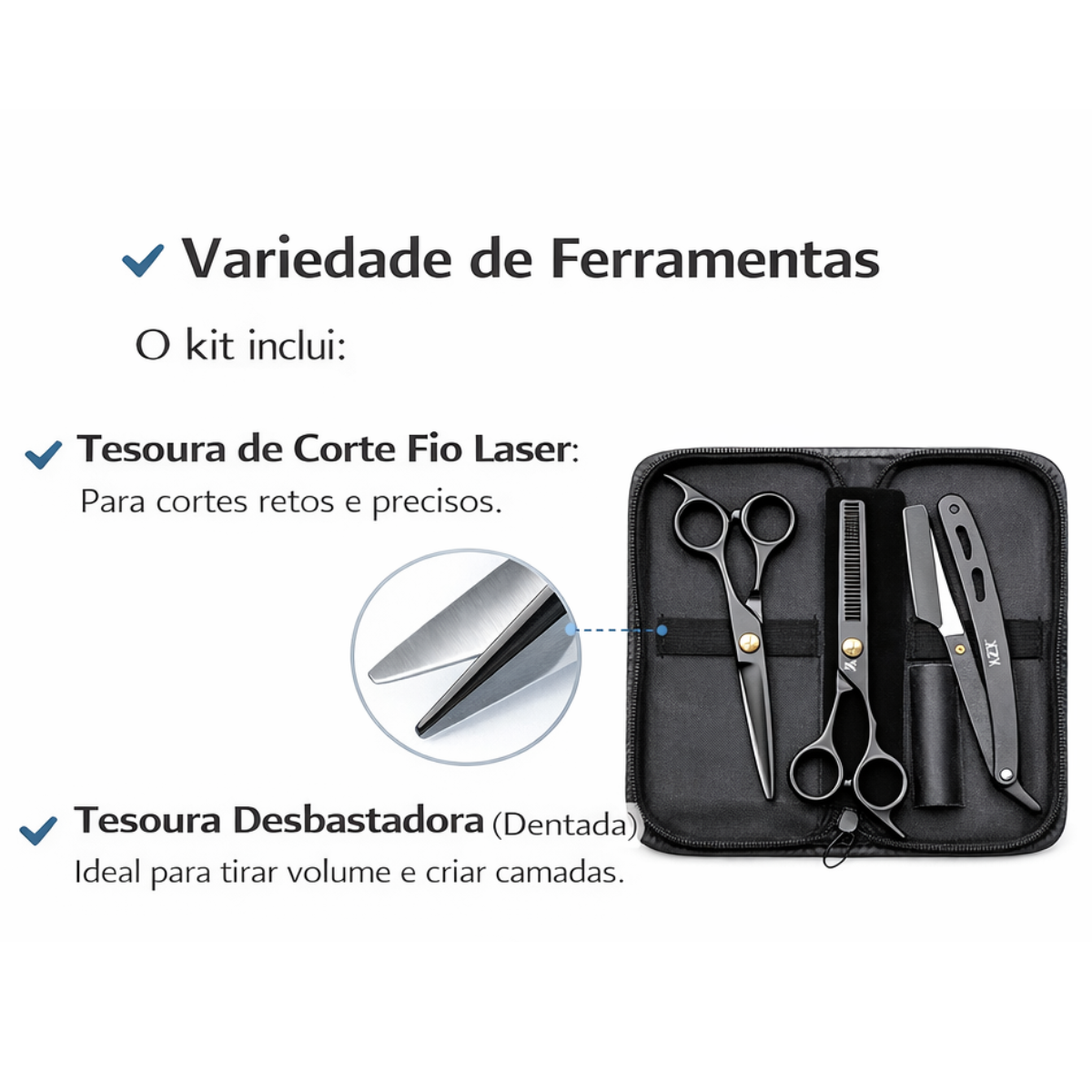 Atacado | Kit Profissional Barbeiro Tesoura Corte Desbaste Navalhete Preto