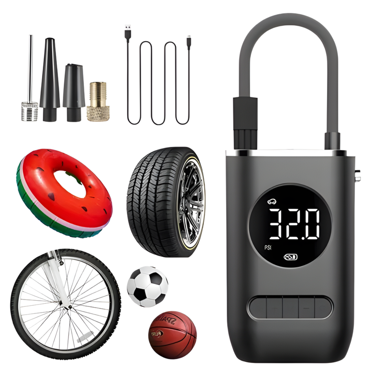 Atacado | Mini Compressor de Ar Portátil Digital 150 PSI com Lanterna LED e USB-C