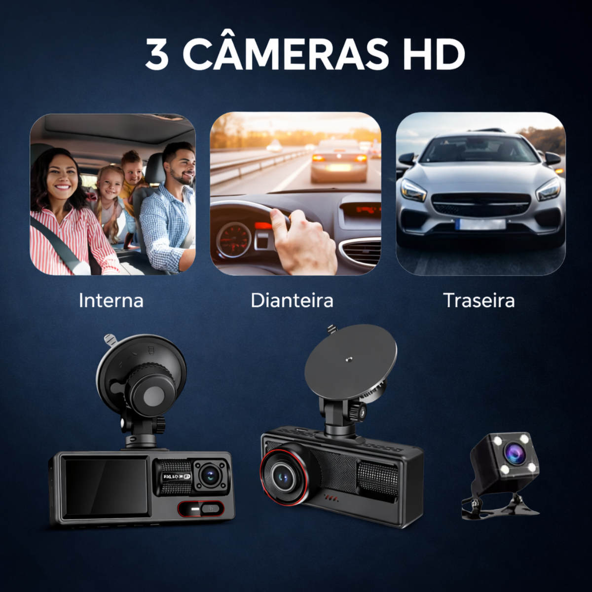 Atacado | Câmera Veicular 3 Canais Full HD 1080p com Wi-Fi e Visão Noturna para Carro