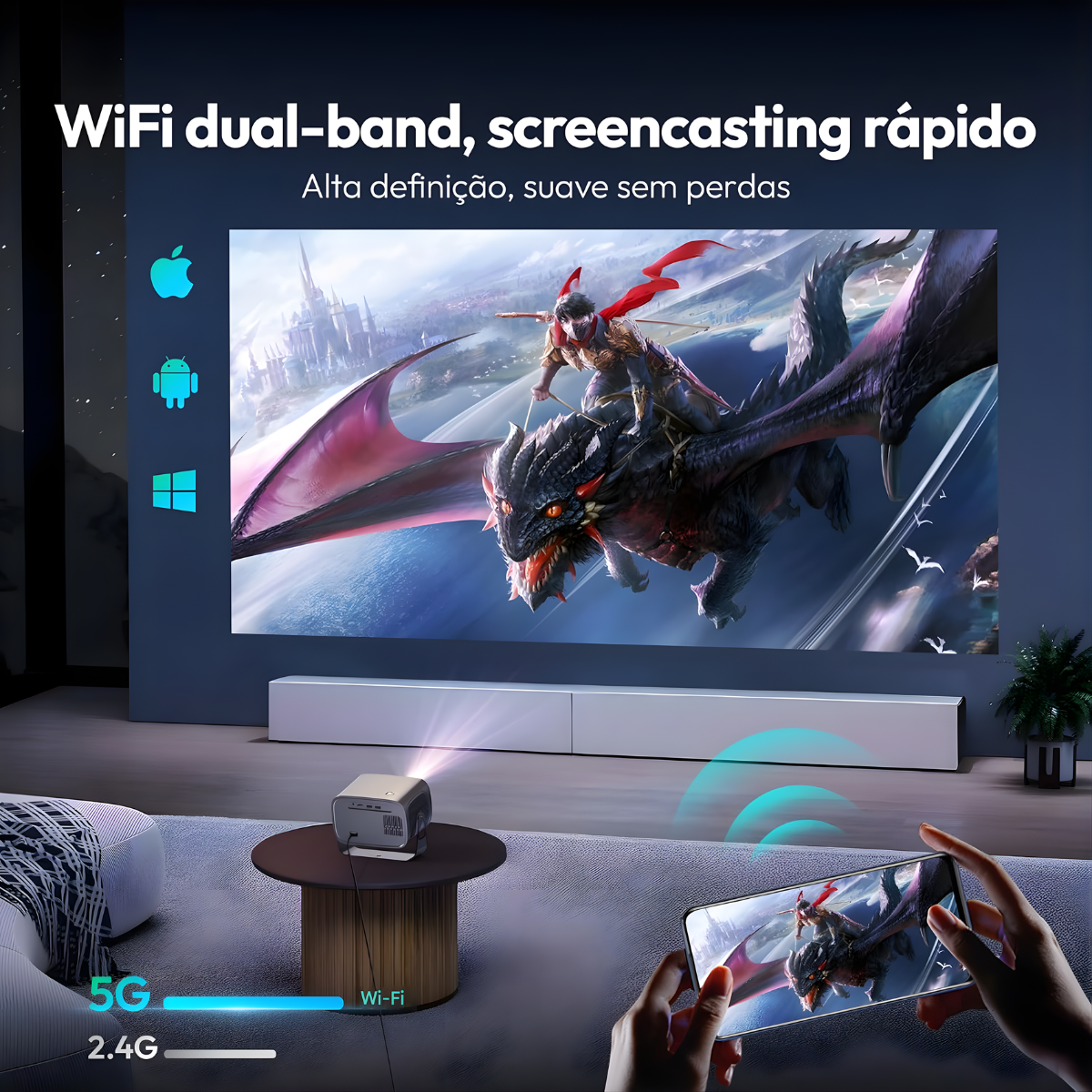 Atacado | Mini Projetor T15 Pro Android 11 WiFi Dual Band 360° HD 4K