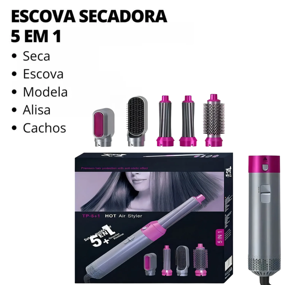 Atacado | Escova Secadora 5 em 1 Hot Air Styler Modelador de Cachos Profissional com Íons Anti-Frizz