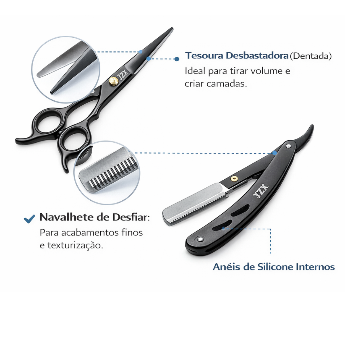 Atacado | Kit Profissional Barbeiro Tesoura Corte Desbaste Navalhete Preto