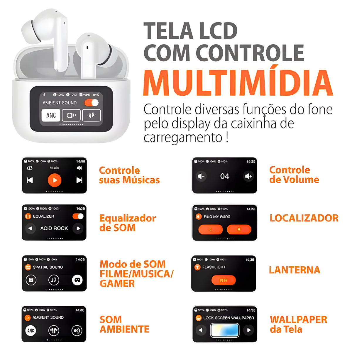 Atacado | Fone Bluetooth A9 Pro com Tela Touch no Case ANC e Display LCD