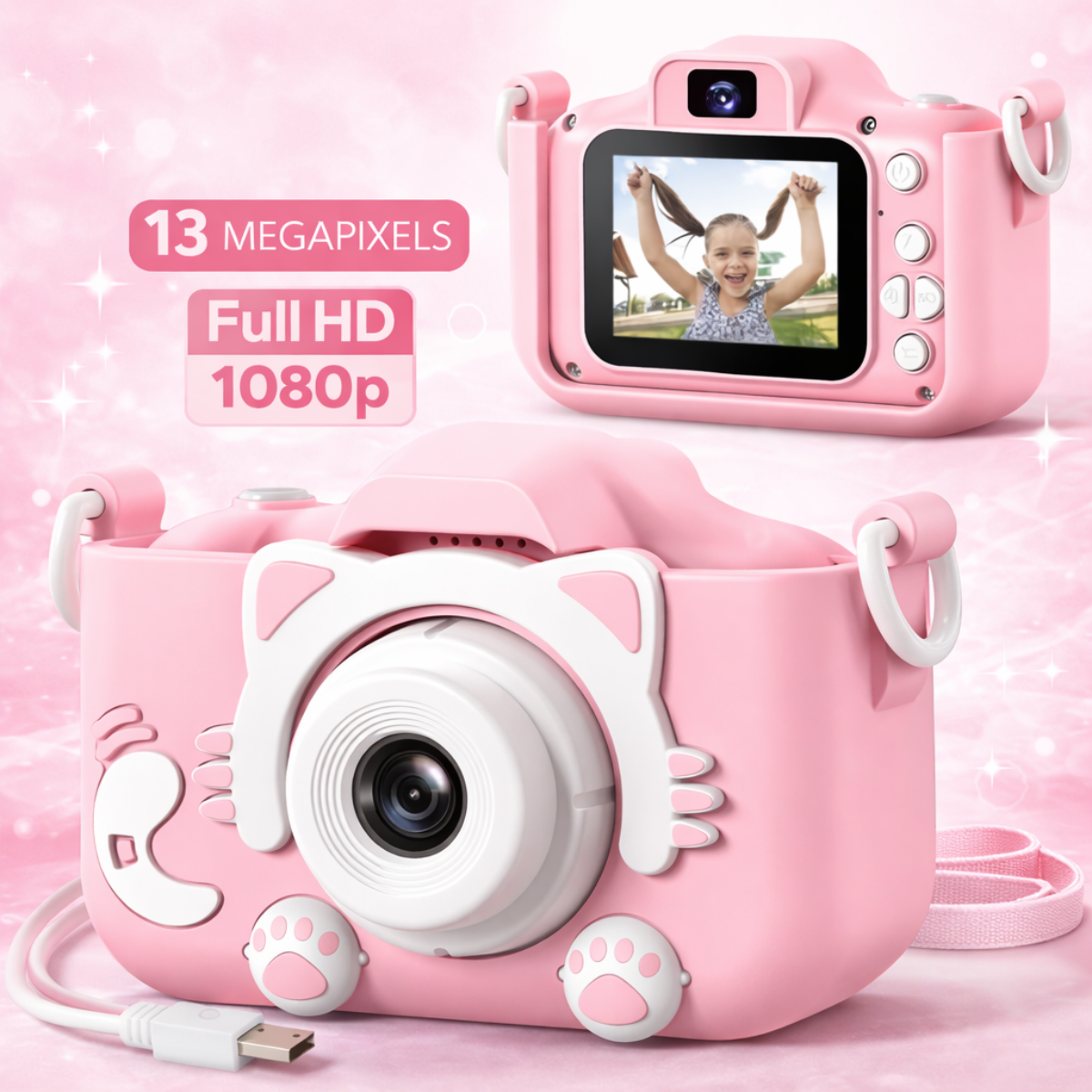 Atacado | Câmera Digital Infantil Gatinho HD 1080p com Capa de Silicone e Jogos