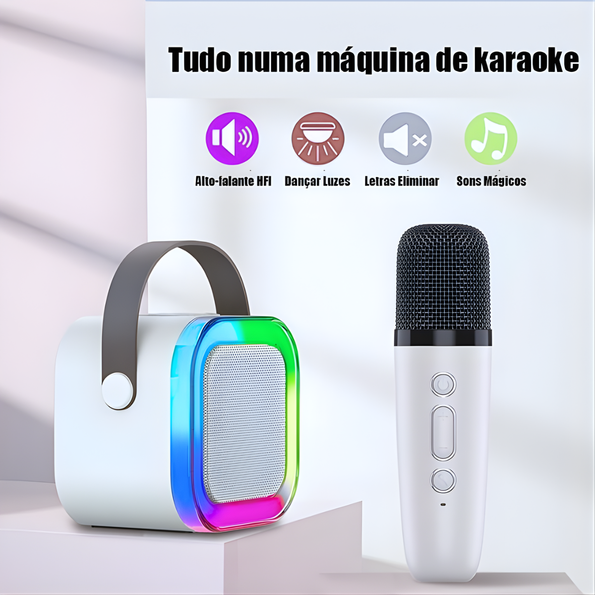 Atacado | Mini Karaokê Bluetooth Portátil K12 com Microfone Sem Fio e LED RGB (Caixa de Som)