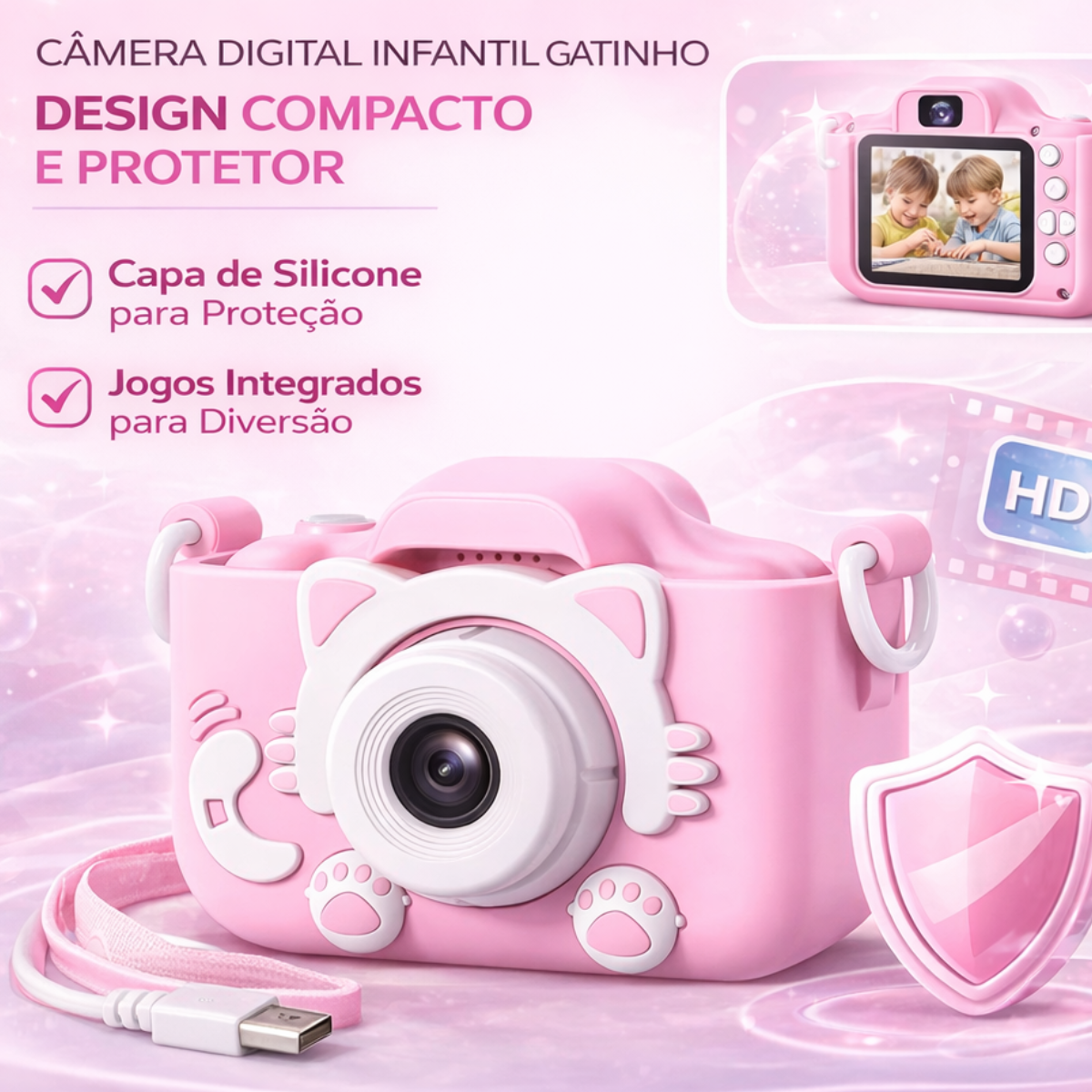 Atacado | Câmera Digital Infantil Gatinho HD 1080p com Capa de Silicone e Jogos