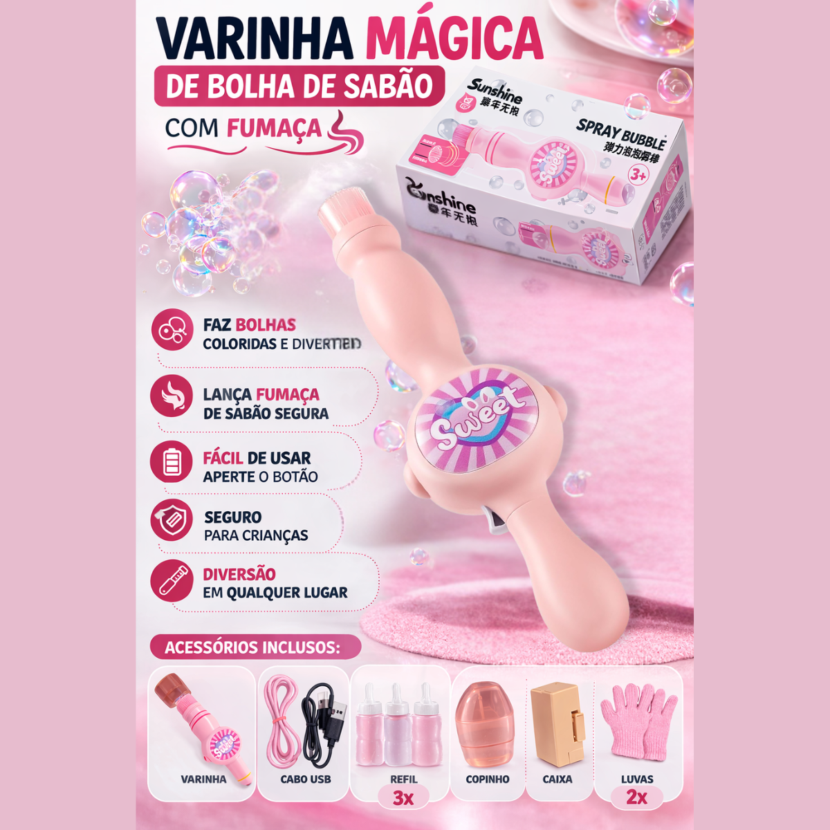 Atacado | Varinha Mágica de Bolha de Sabão com Fumaça e Luz LED Recarregável